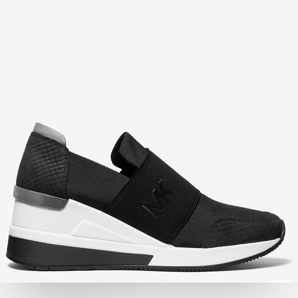 Michael Kors Felix Canvas and Snake-Embossed Nubuck Trainer Wedge - Picture 2 of 10